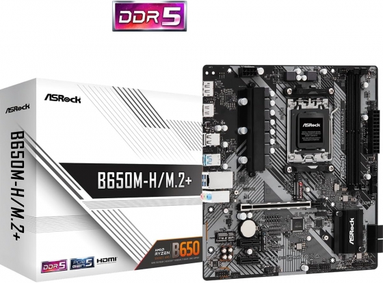 Мат. плата Asrock B650M-H/M.2+ (S-AM5, B650, HDMI, DP, 3PCI-E, 2xDDR5, M.2, SATAIII RAID, SATA3, GbLAN)